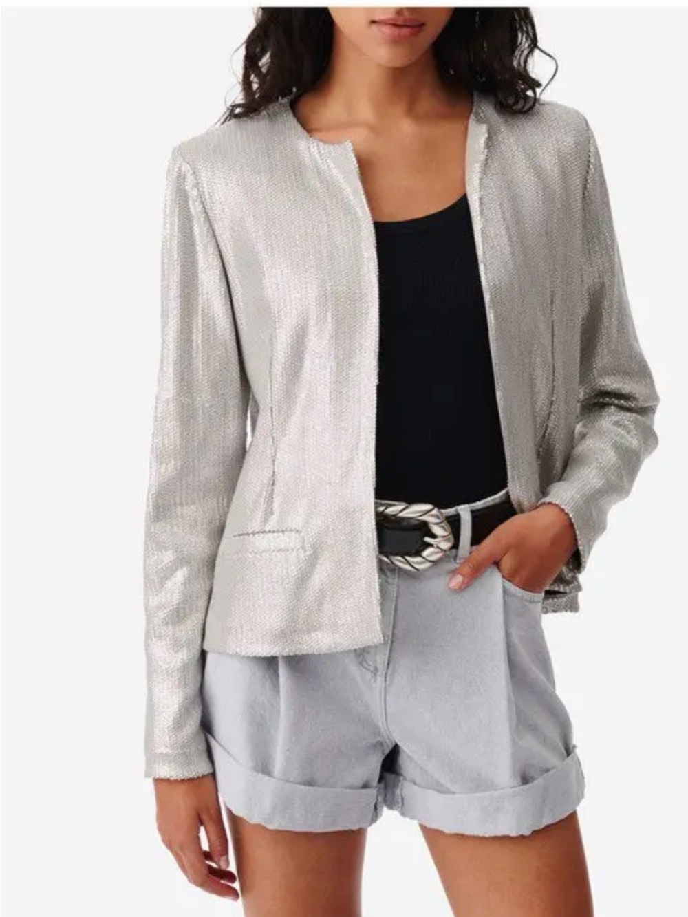 NWT IRO Elbaz Silver Sequin Collarless Blazer Jacket Size 34 $475 MSRP